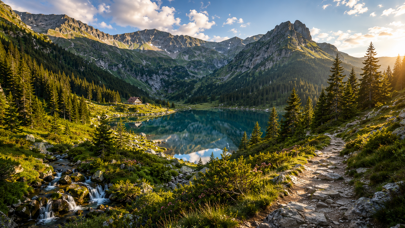 Peisaj montan cu Lacul Iezer, păduri și trasee reprezentând locurile de vizitat lângă Camping Voina.