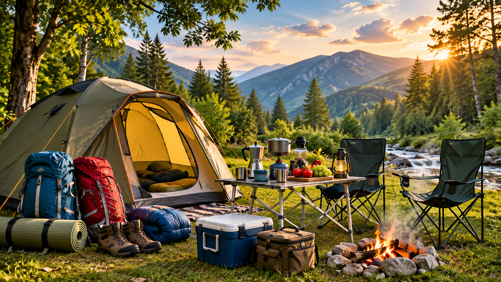 Echipament complet pregătit pentru o vacanță cu cortul la Camping Voina.
