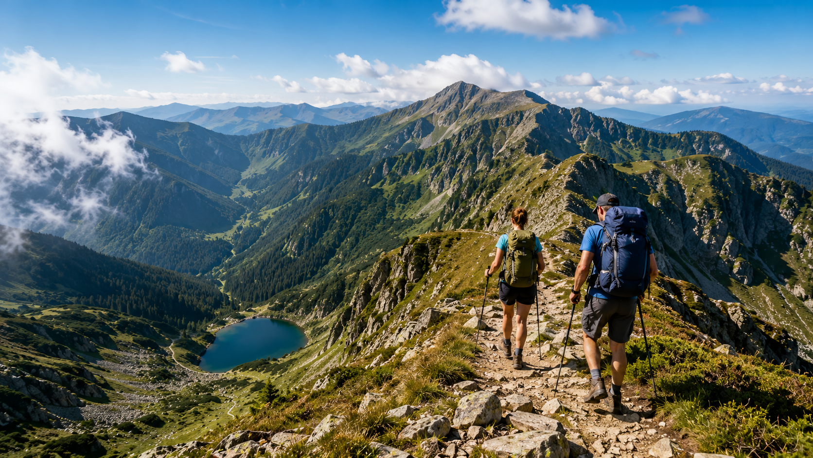 Drumeți explorând traseele Iezer-Păpușa deasupra văilor și pădurilor din apropierea Campingului Voina.