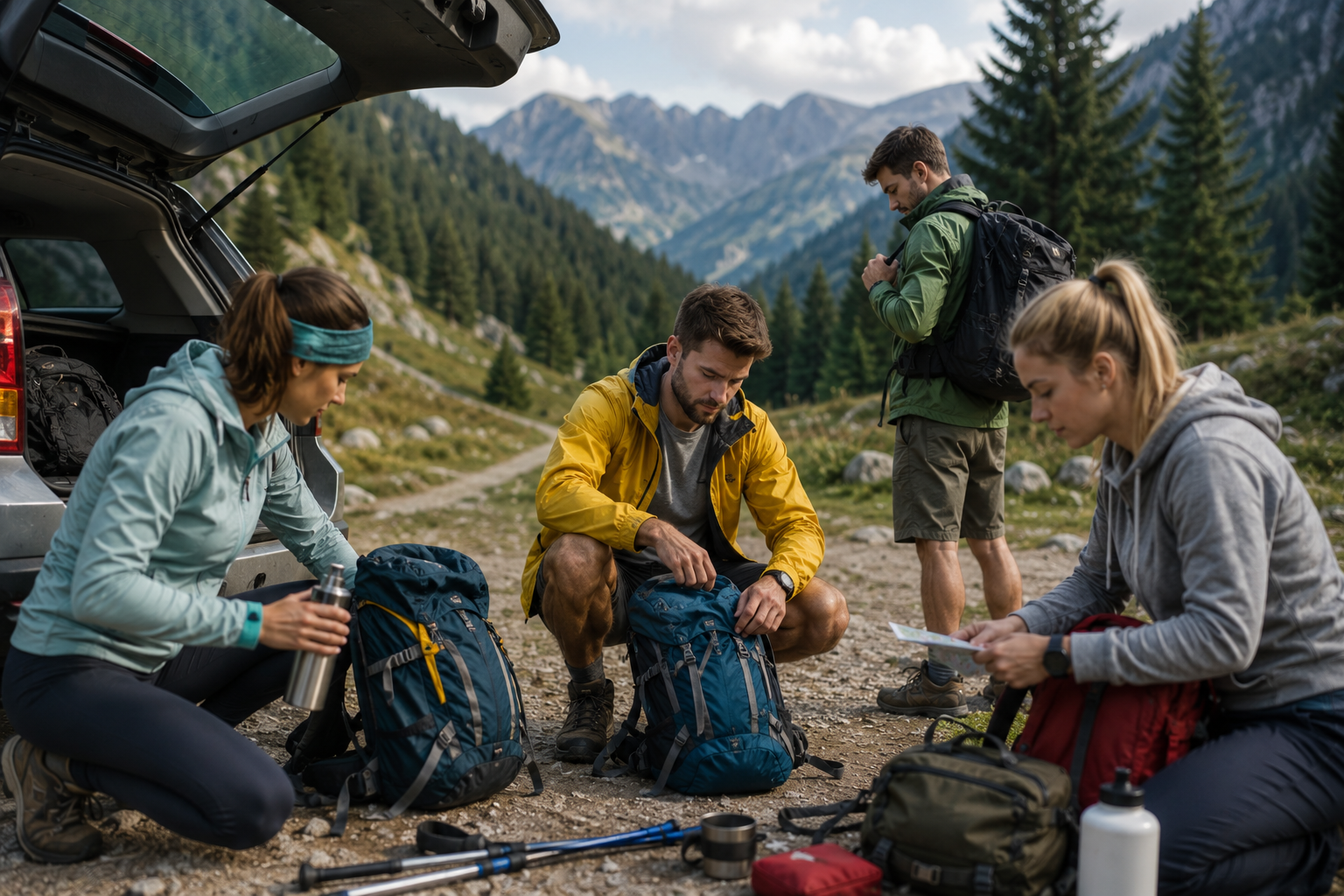 Turiști echipați pentru drumeție pregătindu-se înainte de plecarea pe un traseu montan din zona Camping Voina.